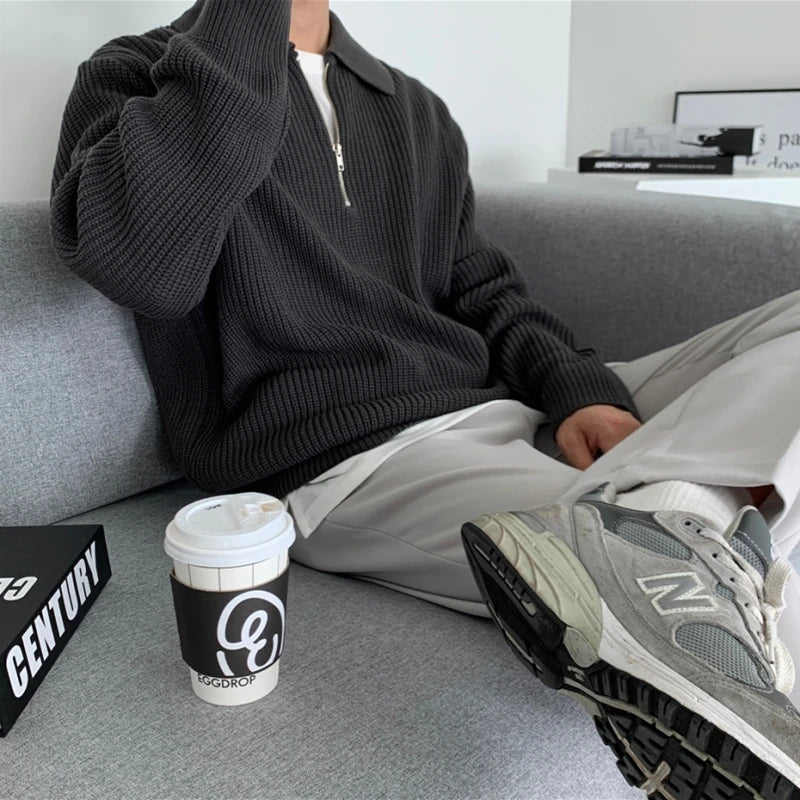 Winter Lapel Sweater Men Warm Fashion Casual Knit Pullover Men Korean Loose Zipper Long Sleeve Sweater Mens Jumper Clothes