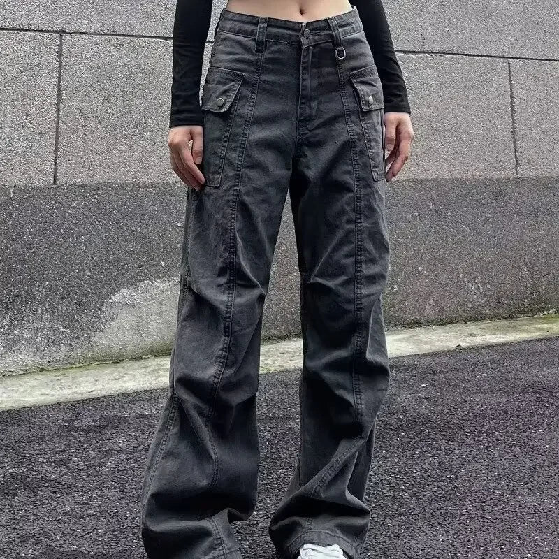 Multi-Pocket Casual Pants Female Straight Cargo Trousers Spring Summer Versatile Solid Color Pants Trendy High Street Trousers