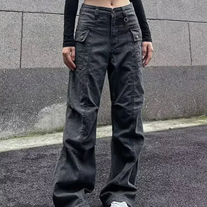 Multi-Pocket Casual Pants Female Straight Cargo Trousers Spring Summer Versatile Solid Color Pants Trendy High Street Trousers