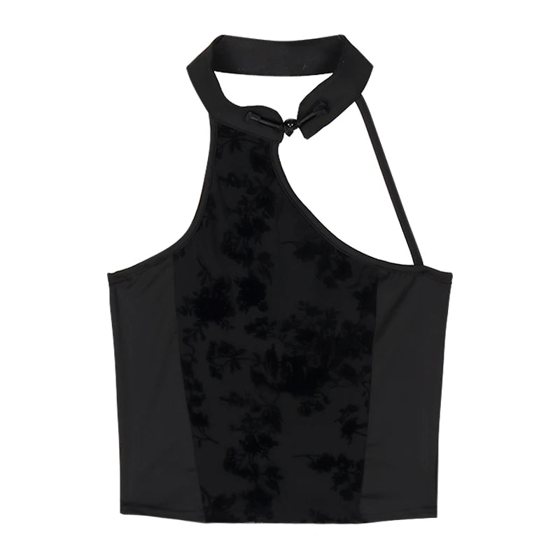 New Chinese Style Irregular Camis Women Autumn Elegant Temper Ink Print Sexy Halter Backless Fashion Party Romantic Crop Tops