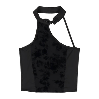 New Chinese Style Irregular Camis Women Autumn Elegant Temper Ink Print Sexy Halter Backless Fashion Party Romantic Crop Tops