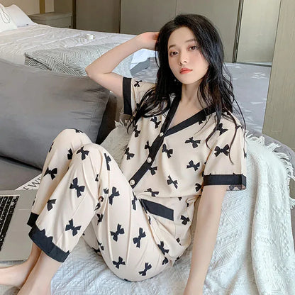 Korean Pajamas Set for Women Summer Spring Kimono Sleepwear Girls Fashion Cute Ladies Pyjama Bow Pijamas Japanese Loungewear