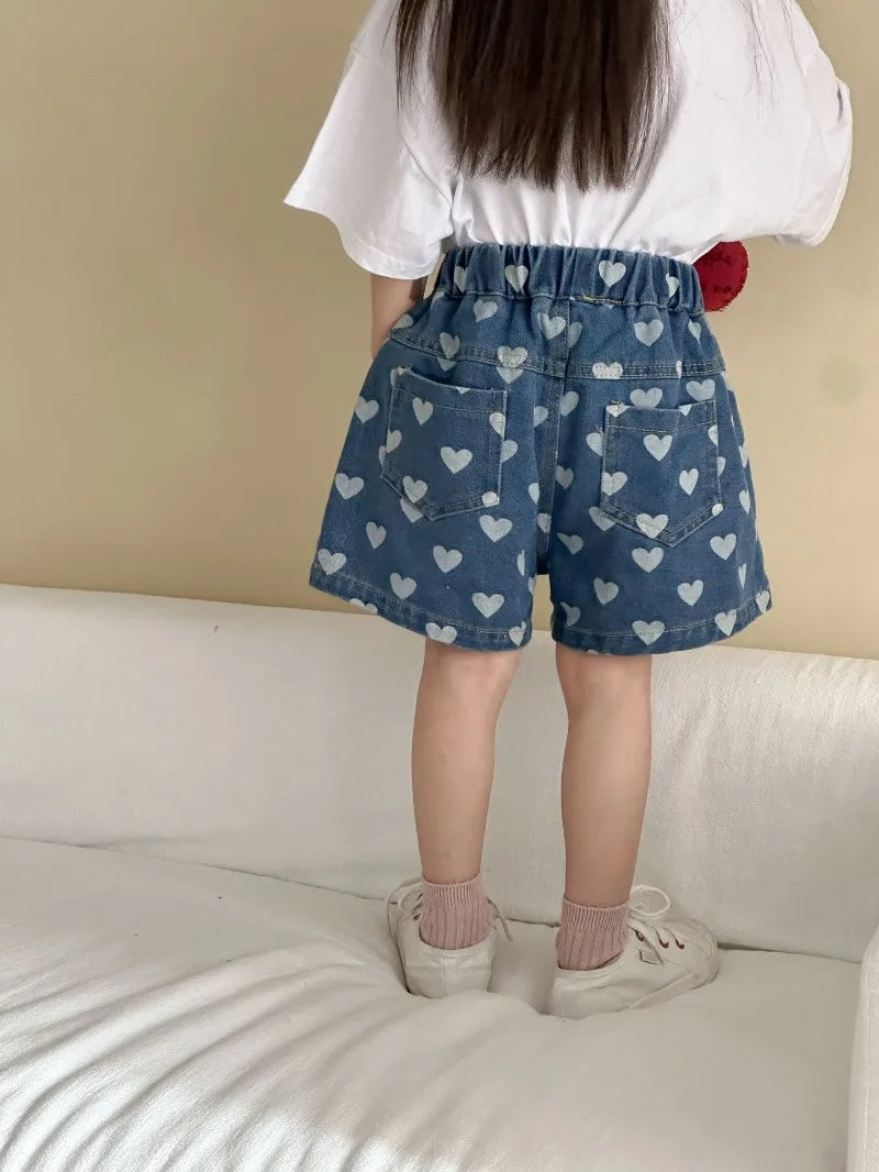 Heart Print Denim Shorts - Casual Knee-Length Shorts for Kids 1-8Y - ZOOMNSTORE