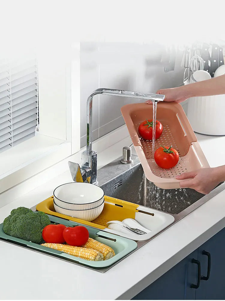 Sink Drain Rack – Adjustable Retractable Kitchen Shelf with Plastic Drain Basket