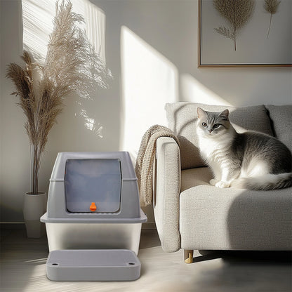 Extra Large Stainless Steel Cat Litter Box with Lid - High Wall Metal Tray for Big Cats - ZOOMNSTORE