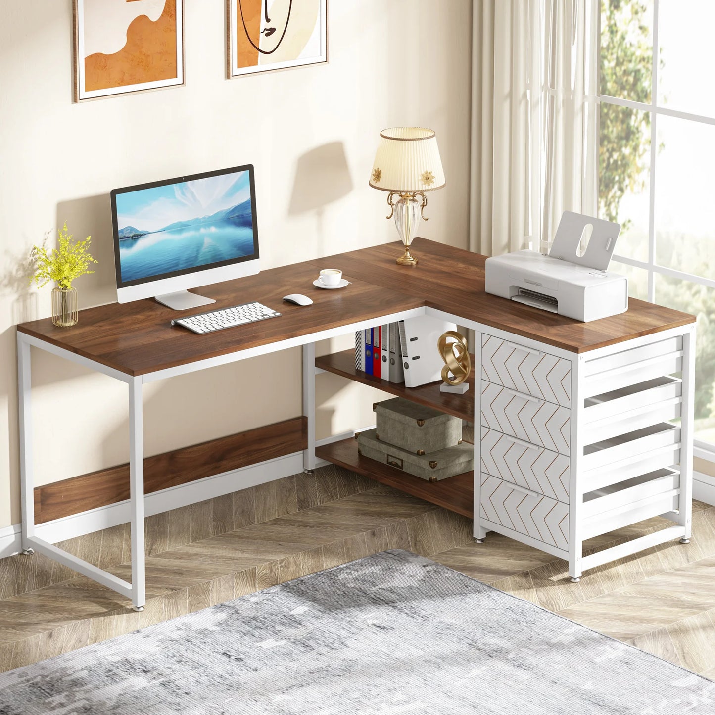 L Shaped Computer Desk - Reversible Corner Office Desk with Drawers & Shelves