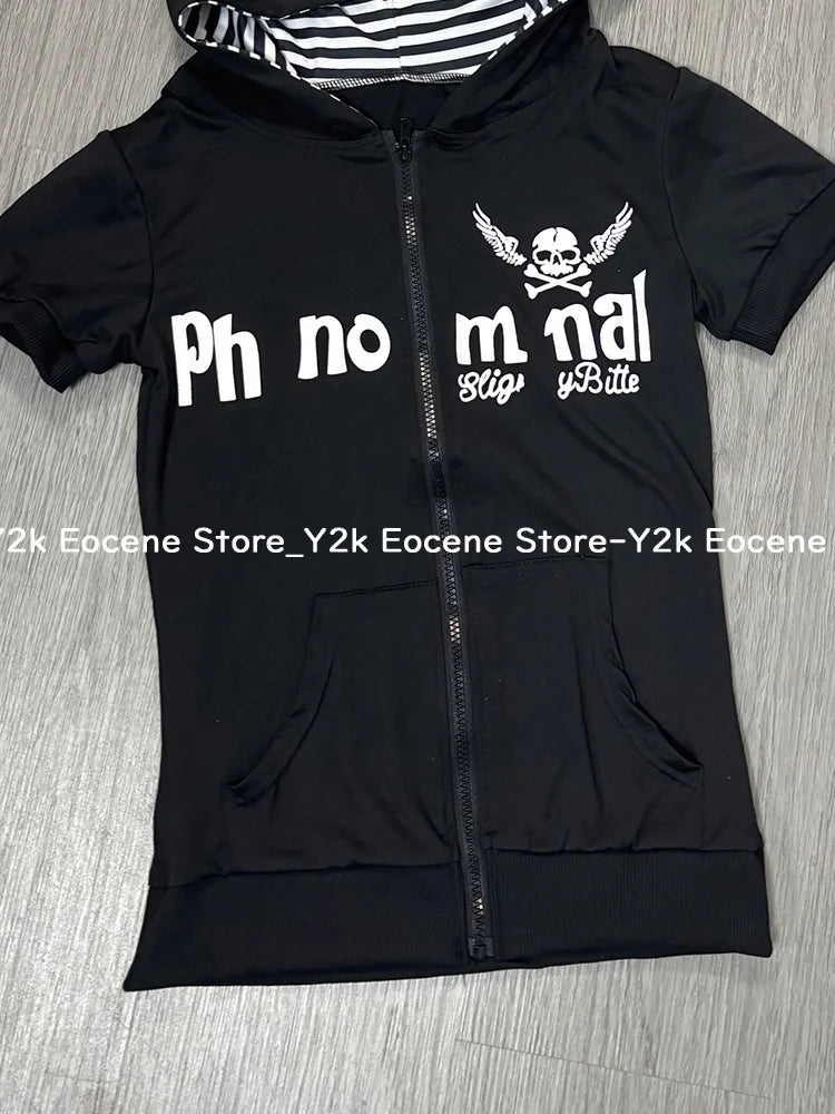 Y2K Subculture Skull Print Zip Cardigan Short Sleeve Women Japan Slim Fit Striped Hoodie Casual Tops Fashion Streetwear Clothes