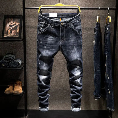 Mens Ripped Slim-Fit Denim Jeans - American Korean Style Cotton Pants