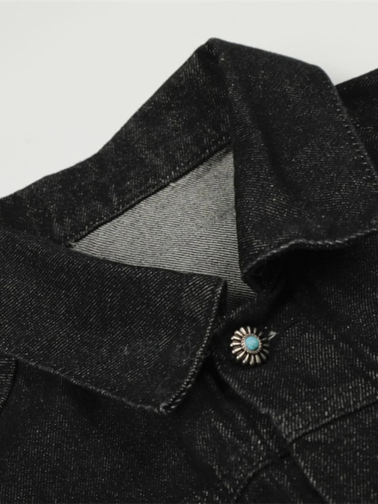 Mens Jacket Punk Vintage Streetwear Black Denim Short Coat Metal Buckle Studded Design Pleated Detail Retro Cool Hip Hop Fashion