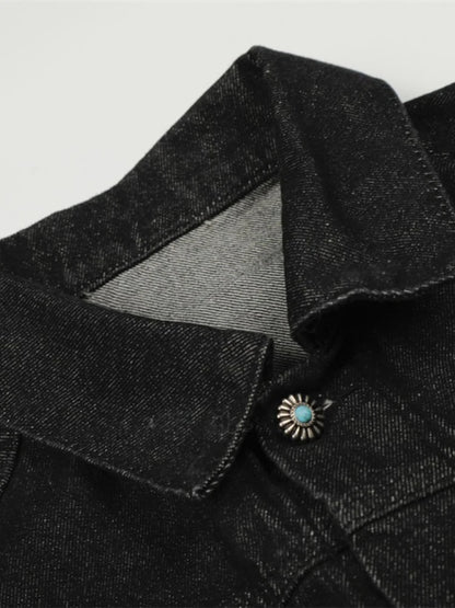 Mens Jacket Punk Vintage Streetwear Black Denim Short Coat Metal Buckle Studded Design Pleated Detail Retro Cool Hip Hop Fashion