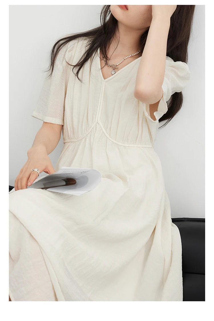 Vintage Puff Sleeve Dress - French Style Black Ankle Length Women Summer Casual Wear