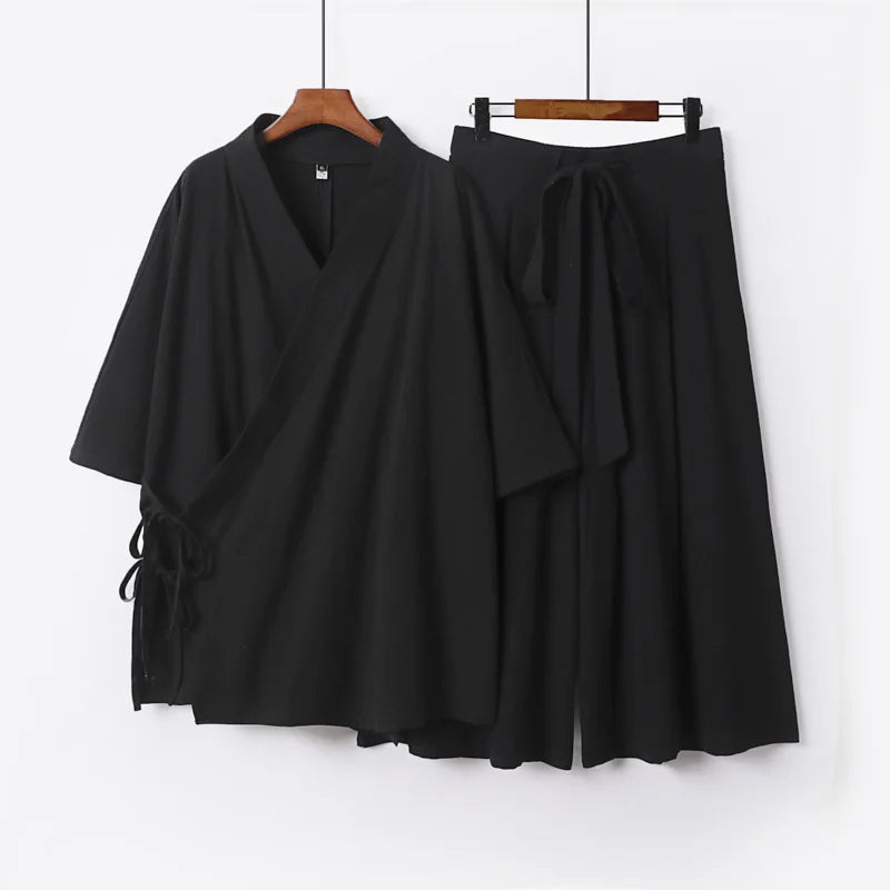 2026 Chinese Style Men's Linen Suit Tang Style Zen Style Hanfu Taoist Long Robe Top Pants Cotton and Linen Loose Two-piece Set