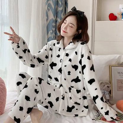 Women's Flannel Fleece Pajama Set Cute Cartoon Print Lapel Button Down Long Sleeve Warm Winter Loungewear Sleepwear Sets