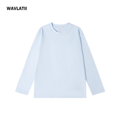 WAVLATII New Women Long Sleeve T shirts Female Blue 230 GSM Casual Oversized Tess Lady Solid Basic White Black Tops WLT2470
