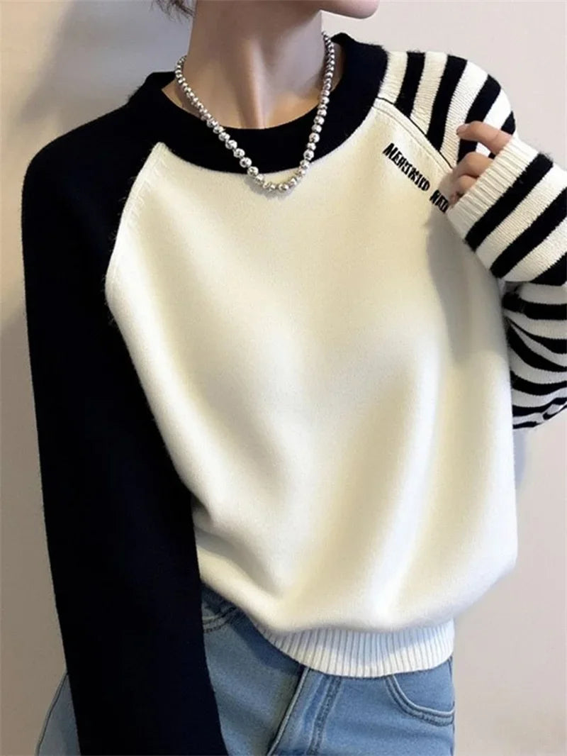 Korean Lady Round NNeck Casual Sweater Spring Autumn Women Fashion Long Sleeved Pullover Knit Female Contrasting Striped Knitted