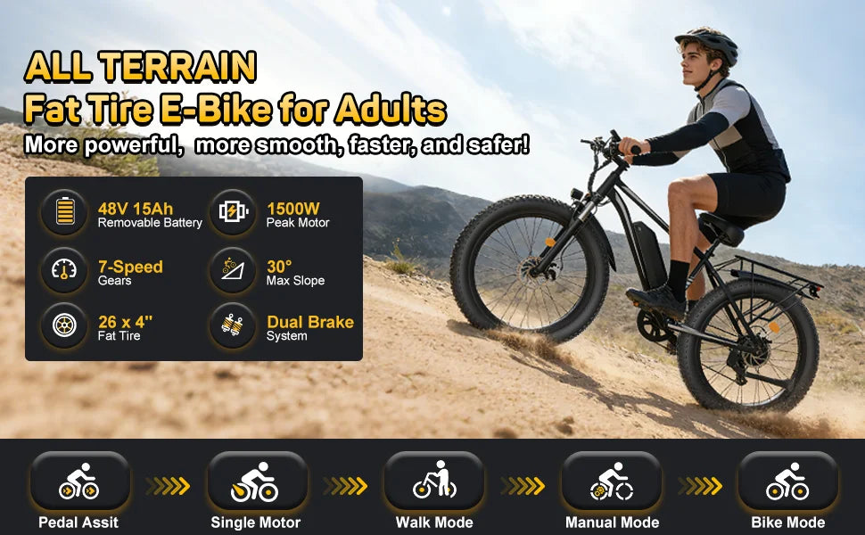 Black Electric Bicycle 1500W Powerful Motor 48V 15AH Lithium Battery Motorcycle Electric Bike 26*4 in Fat Tire Snow E-bike