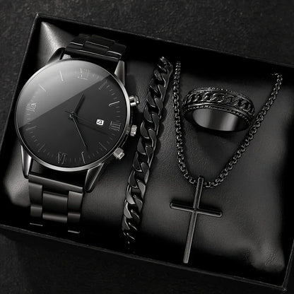 4-piece/set men's black minimalist quartz watch set with bracelet, necklace, and ring -