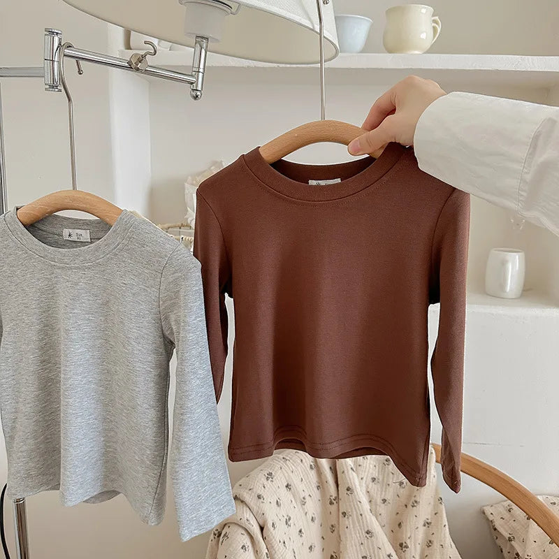 9 Colors Children's T-shirt Cotton Long Sleeve Solid Color Base Coat Leisure Wear Boys Girls Tops Kids Clothes
