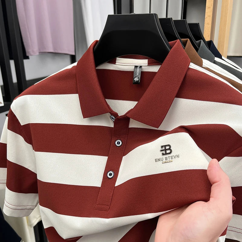 Men's Golf Polo Shirt with Collar, Short Sleeves and Wide Stripes – Breathable Summer Casual Business T-shirt