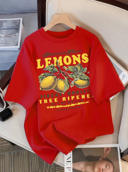 Lemons Fruits Premium Fresh Printing T Shirt Woman Loose Cotton Sportswear O-Neck Casual T Shirts Loose All-Match Short Sleeve