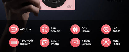 4K Digital Camera - 64 Megapixel Portable Camera With 16x Digital Zoom & Rotating Flip Screen