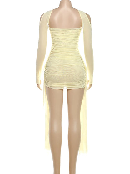 kliou Mesh Simple Women Mini Dress Fashion Solid Strapless Ribbons Tassel Body-shaping Vestidos+Seperately Full Sleeve Gloves