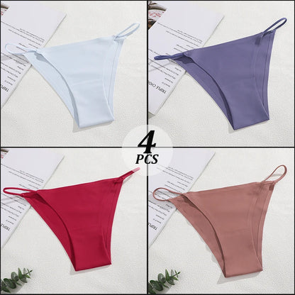 4PCS/Set Seamless Thin Strap Thong Underwear Women Low Rise Briefs Ice Silk Comfortable Panties Multi Color No Trace Lingerie