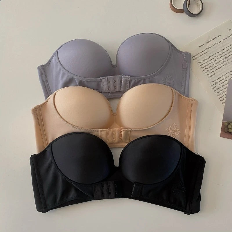 Strapless Push Up Bra - Front Closure Wireless Bralette, Seamless Nylon One-Piece Brassiere