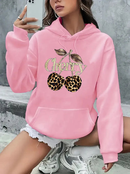 Pocket Hooded Hoodie Streetwear Leopard Cherry Print Long Sleeve Sweatshirt Clothing Hoody Autumn Winter Hoodies