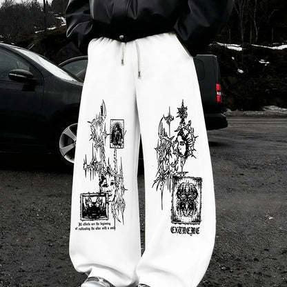 Dark Thorn Print Wide Leg Sweatpants, Gothic Style Loose Casual Pants, Sports and Fitness Jogging Pants, Autumn New Unisex