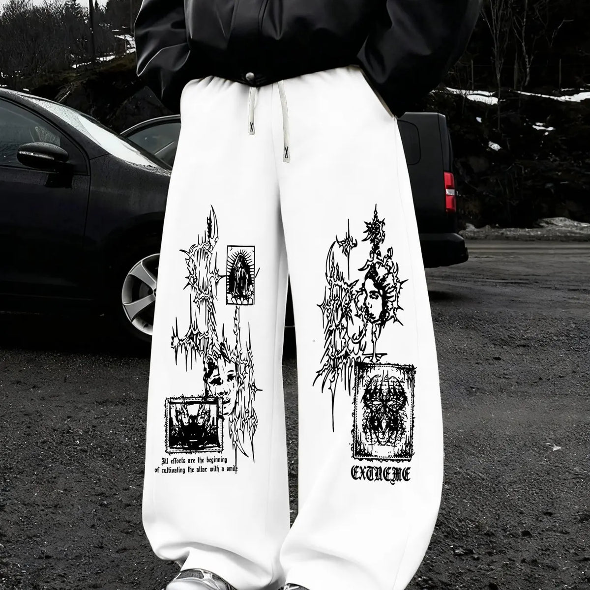 Dark Thorn Print Wide Leg Sweatpants, Gothic Style Loose Casual Pants, Sports and Fitness Jogging Pants, Autumn New Unisex