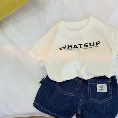Toddler Boy Girl Tshirt Cotton 26 Spring Summer Children Big Kid Clothes Short-sleeve Letter Print Round-neck Top 2-12 Years