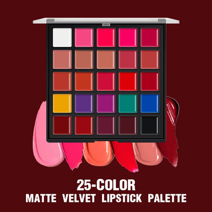 25-Color Matte Lip Palette – Highly Pigmented, Smooth & Blendable, 2-in-1 for Lips & Cheeks, Compact Makeup Palette, Long-Wear