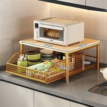 Kitchen Microwave Rack – Solid Wood Metal Storage Shelf With Drawer, Space-Saving Organizer