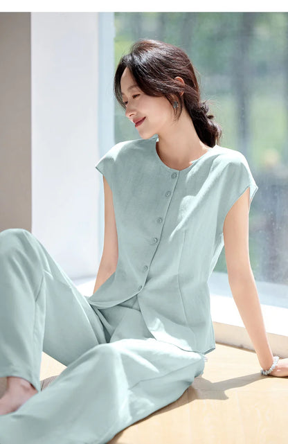 SENTUBILA Women's Linen Trouser Suit Summer Two Pieces Matching Set Women Button Shirt Straight Pant Sets 2026 Outfits 152ZA0094