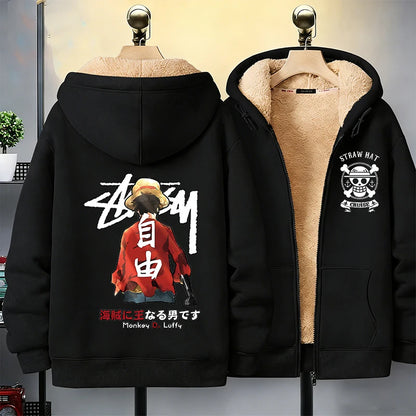 One Piece Man Thick Hooded Jacket Woman Winter Keep Warm Coat Anime Luffy Print Fleece Jacket Thermal Long Sleeve Hooded Clothes