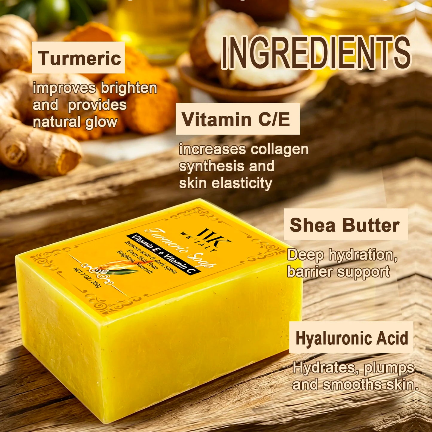 WK JALY Natural Turmeric Soap, Vitamin E + Vitamin C Body Wash, Remove Acne, Dark Spots, Even Skin Tone for Women, 200g/7oz