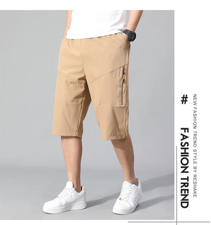 Mens Cargo Shorts - Knee Length Cotton Shorts With Zipper Pockets & Elastic Waist