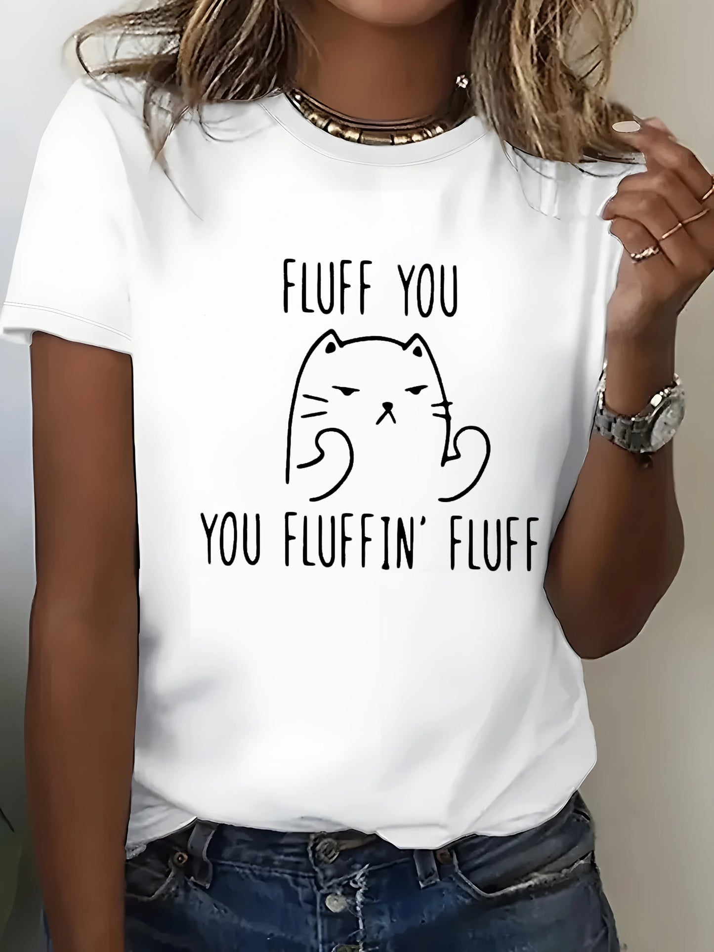 Plus Size T-Shirt - Women's Casual Tee With Cat Print | Crew Neck, Short Sleeve