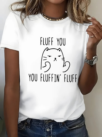 Plus Size T-Shirt - Women's Casual Tee With Cat Print | Crew Neck, Short Sleeve