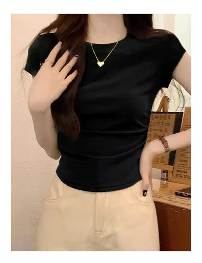 Women's Basic Solid Crop Top Short Sleeve Crewneck Skinny T-shirt Summer Casual Y2K Vintage Harajuku Streetwear