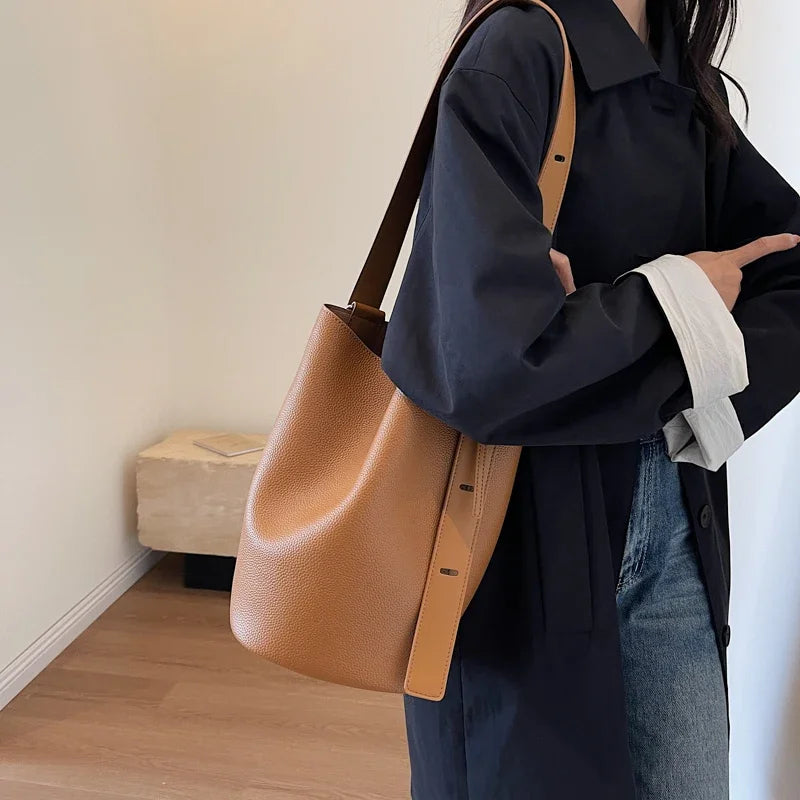 Leather Shoulder Bag - Small Solid Color Korean Fashion Baguette Style Purse