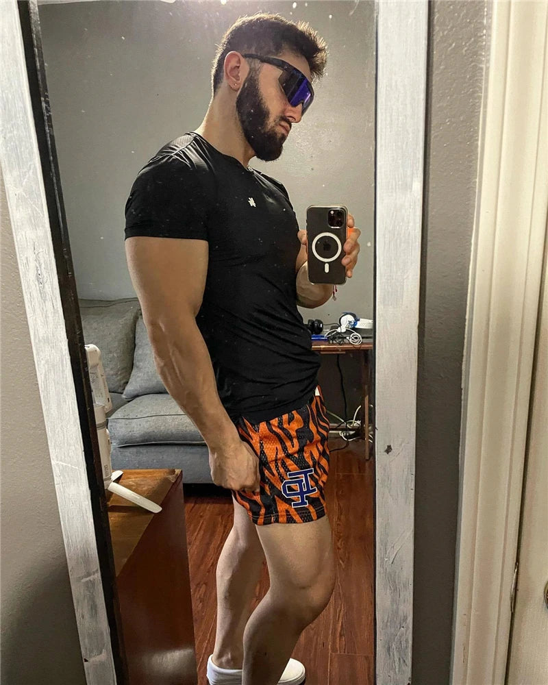 Summer Men's INAKA IP Leopard Print Mesh Shorts Elastic Waist Drawstring Breathable Quick Dry Gym Workout Fitness Casual Pants