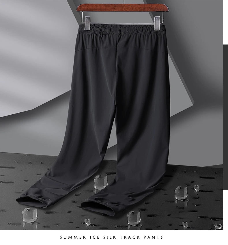 Men's Athletic Stretchy Ice Silk Quick Dry Pants Zipper Pockets Lightweight Sweatpants Outdoor Hiking Breathable Running Workout