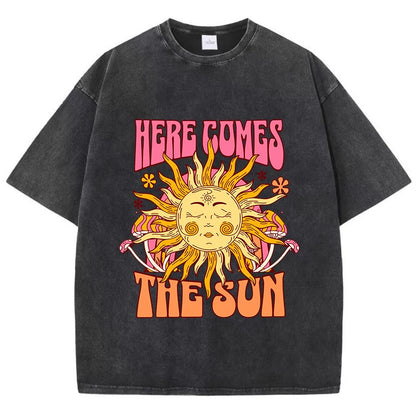 Oversize Women's Washed T-Shirt Cotton Here Comes The Sun Prints T Shirts Casual O-Neck Short Sleeve Tops Loose Women's Clothes