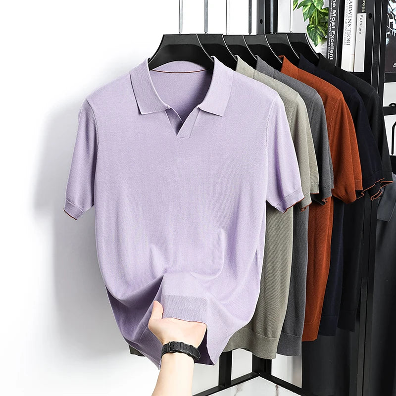 100%  Lyocell Knitwear 2025 Men Spring Summer Trendy Turn Down Collar Knit Tees Short Sleeve Breathable Knit Tops