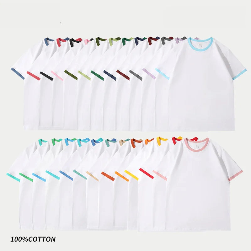 210G Heavy Cotton Men's T-shirt Edge-bumping O-Neck Short-sleeved Man T shirt Contrasting Color Splicing Men T-shirt Tops Tees