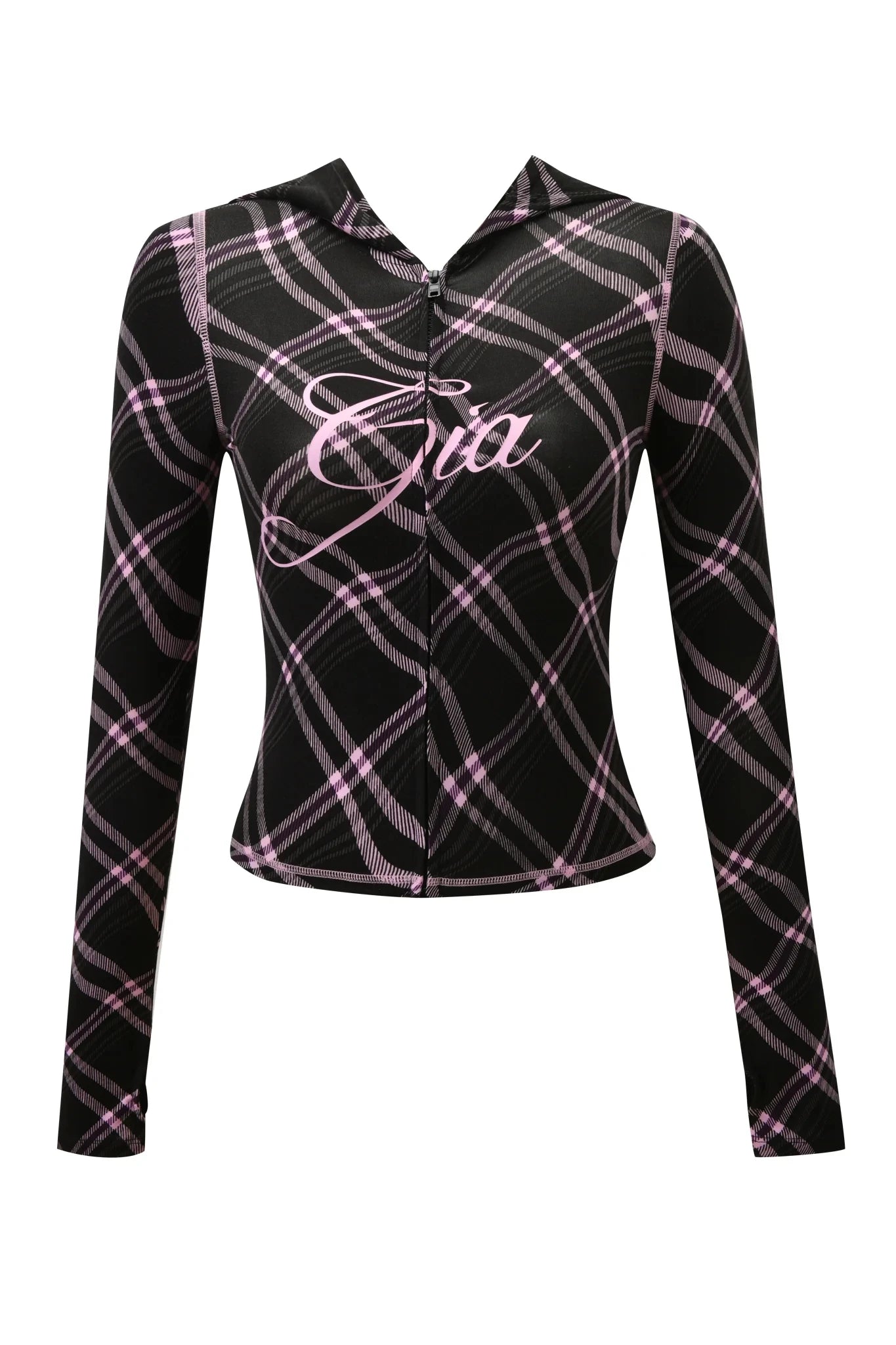 Gia neon pink regular shoulder slim-fit letter print topstitching design slim-fit hooded zip-up short jacket and pants set
