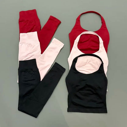 2 Piece Women Gym Set Seamless Halter Sports Top High Waist Leggings Tummy Control Squat Proof Yoga Fitness Activewear