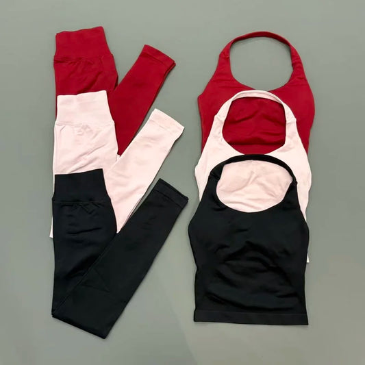 2 Piece Women Gym Set Seamless Halter Sports Top High Waist Leggings Tummy Control Squat Proof Yoga Fitness Activewear